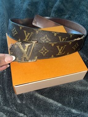 Authentic Louis Vuitton Monogram LV Initials Belt in Brown and Gold